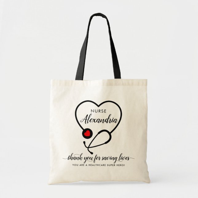 Custom Heart Stethoscope Hero Name Nurse Thank You Tote Bag (Front)