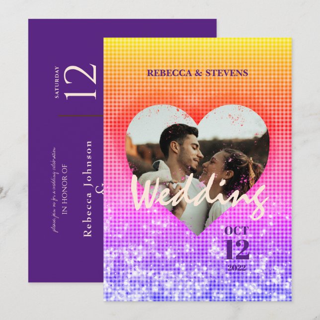 Custom Heart Stylish Ombre Plaid Photo Wedding Invitation (Front/Back)