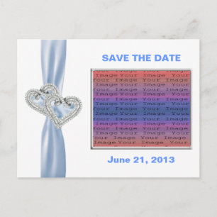 Custom Hearts Blue Ribbon Save The Date Postcard