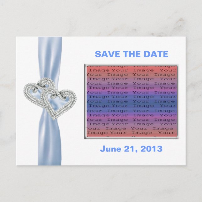 Custom Hearts Blue Ribbon Save The Date Postcard (Front)