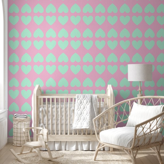 Custom Hearts Pattern Minit Green Pastel Pink Wallpaper (Kids)