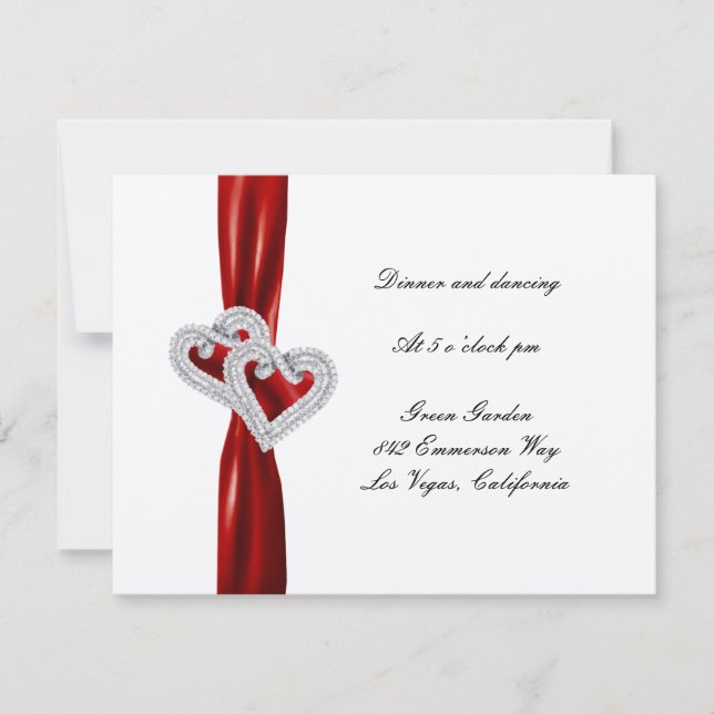 Custom Hearts Red Ribbon Reception Card (Front)