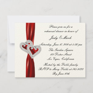 Custom Hearts Red Ribbon Rehearsal Dinner Invite