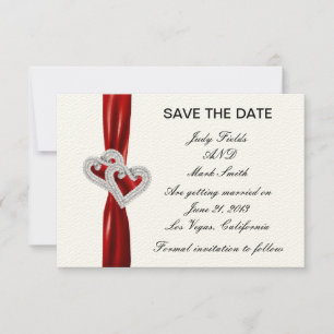 Custom Hearts Red Ribbon Save The Date Card