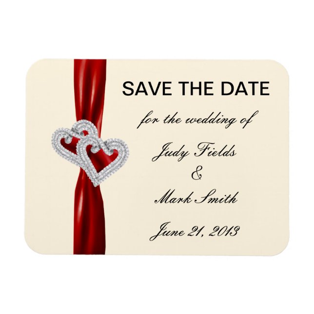 Custom Hearts Red Ribbon Save The Date Magnet (Horizontal)