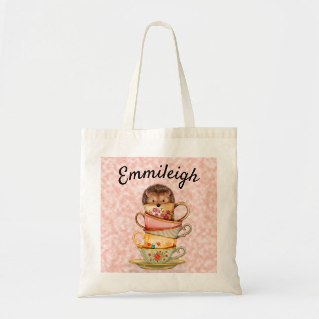Custom Hedgehog and Stack of Colourful Teacups Tote Bag (Front)