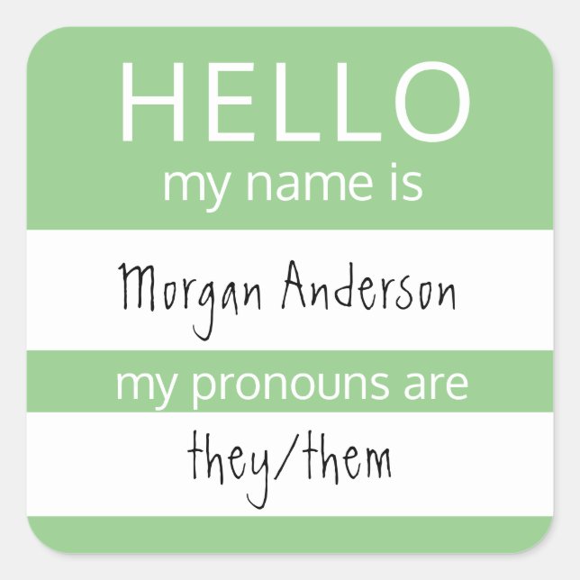 Custom HELLO My Name Pronouns Is Badge Square Sticker (Front)