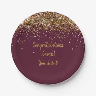 Custom Her Maroon & Gold Graduation Party Glitter Paper Plate