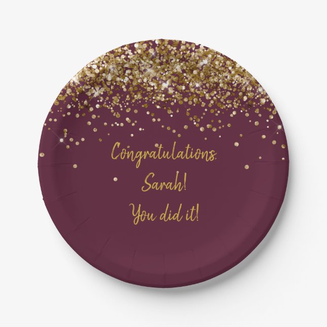 Custom Her Maroon & Gold Graduation Party Glitter Paper Plate (Front)