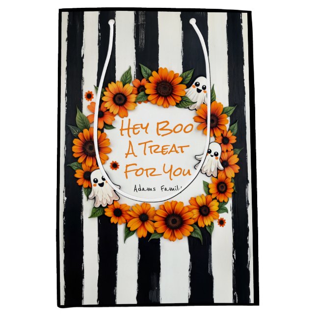 Custom Hey Boo Trick Or Treat Ghost Floral Design Medium Gift Bag (Front)
