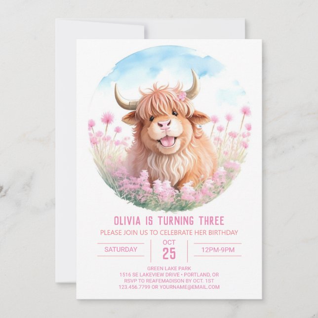 Custom Highland Cow Watercolor Girl Birthday Invitation (Front)