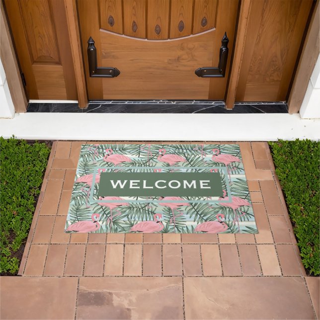Custom Hip Pink Flamingoes Cute Palm Leafs Pattern Doormat (Outdoor)