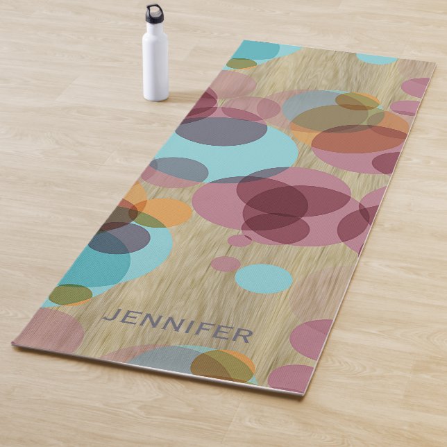 Custom Hip Whimsical Polka Dots Art On Faux Wood Yoga Mat (In Situ)