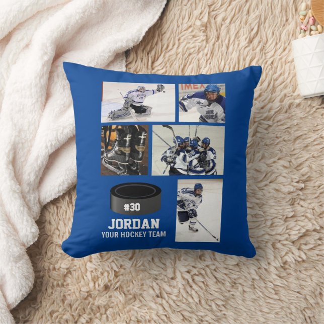 Custom Hockey Photo Collage Team Name Number Cushion (Blanket)