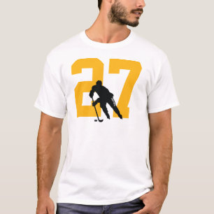 Custom Hockey Player Number Black and Gold T-Shirt
