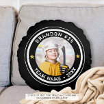 Custom Hockey Player Number Photo Your Colour Round Cushion<br><div class="desc">Create a custom personalised photo keepsake throw pillow of your favourite hockey player (or any sport). The design features a photo, editable text (the sample suggests Player Name and Number and Team Name and Year) in white against your choice of background colour (shown in black) to change to a team...</div>