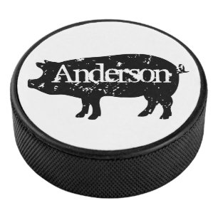 Custom hockey puck with vintage pig logo