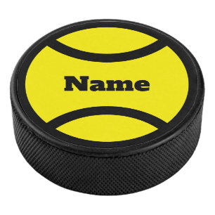 Custom hockey puck with yellow tennis ball logo