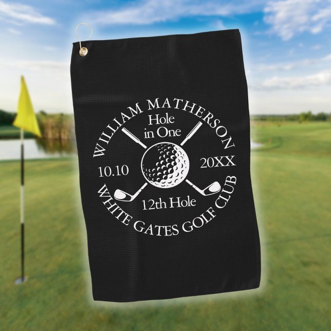 Custom Hole in One Black White Golf Ball Clubs  Towel (Custom Hole in One Black White Golf Ball Clubs Golf Towel)