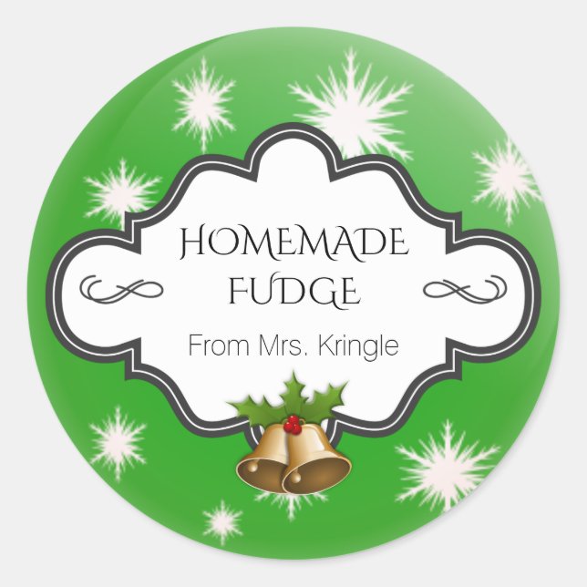 Custom Holiday Baking Green Snowflakes Holly Bells Classic Round Sticker (Front)