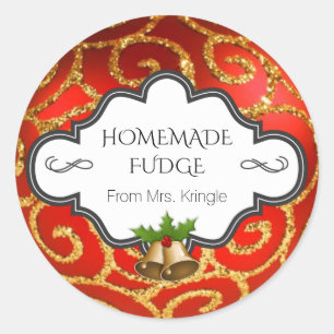 Custom Holiday Baking Red Gold Glitter Holly Bells Classic Round Sticker