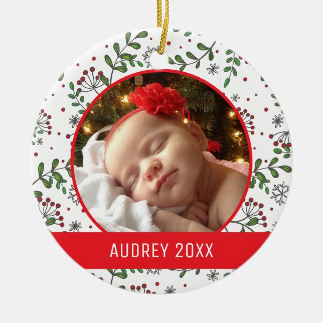 Custom Holiday Photo | Mistletoe Pattern Ceramic Tree Decoration (Front)