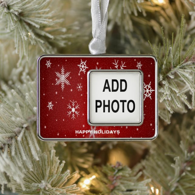 Custom Holiday Photo White Snowflakes in Red Silver Plated Framed Ornament (Tree)