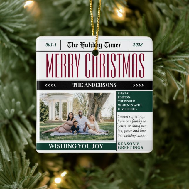 Custom Holiday Times Newspaper Christmas Photo Ceramic Ornament (Tree)