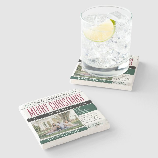 Custom Holiday Times Newspaper Christmas Photo Stone Coaster (Side)