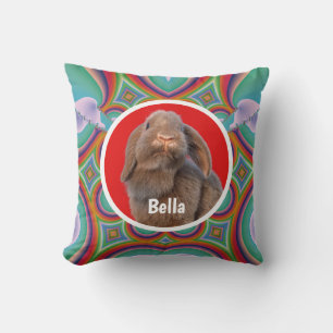 Custom Holland Lop Rabbit Photo Name Rainbow Art Cushion