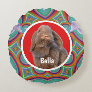 Custom Holland Lop Rabbit Photo Name Rainbow Art Round Cushion
