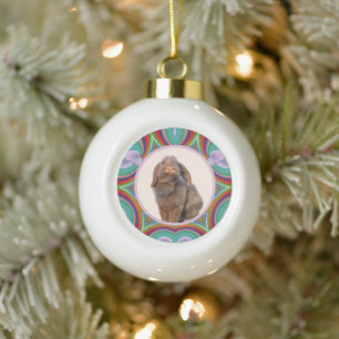 Custom Holland Lop Rabbit Photo Rainbow Art Ceramic Ball Christmas Ornament