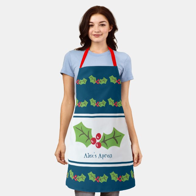 Custom Holly & Berries Christmas Apron (Worn)