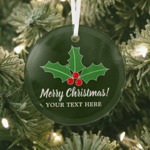 Custom holly leaves and red berries Christmas tree Glass Tree Decoration