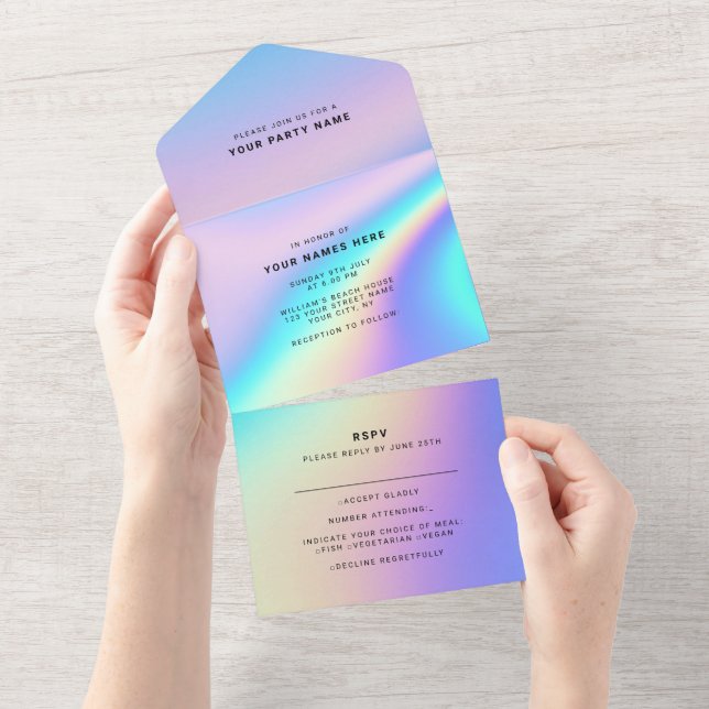 Custom Holographic Modern Elegant All In One Invitation (Tearaway)