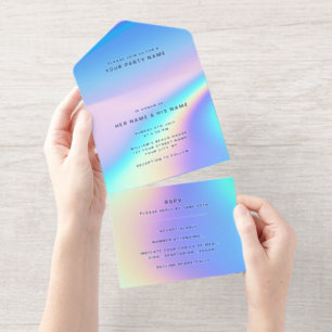 Custom Holographic Modern Elegant Foil All In One Invitation