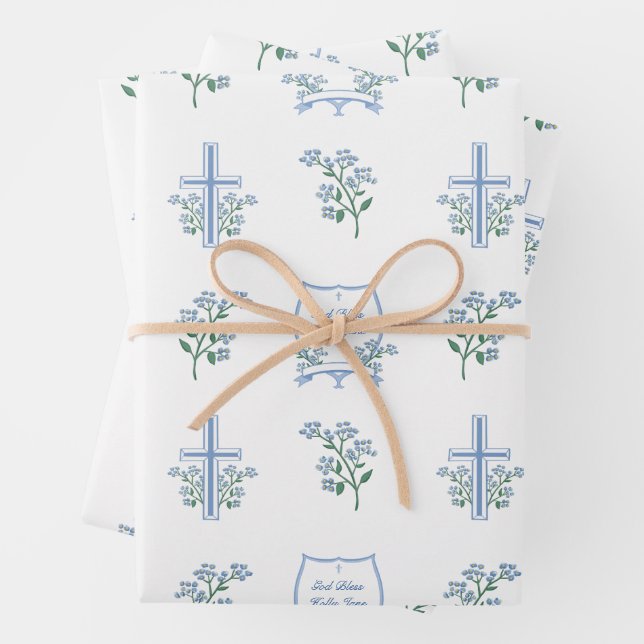 Custom Holy Baptism First Communion Floral Baby Wrapping Paper Sheet (In situ)