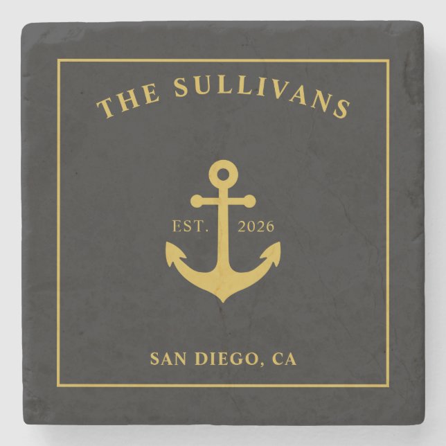 Custom Home Bar Monogram Black Gold Anchor Stone Coaster (Front)
