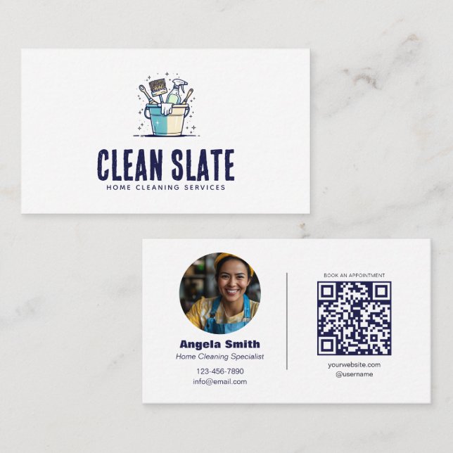 Custom Home Cleaning Service QR Photo Employee Business Card (Front/Back)