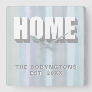 Custom Home Family name pastel stripes neutral Square Wall Clock