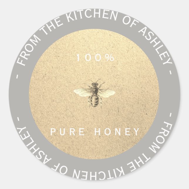 Custom Homemade Honey Gray White Bee Kraft Classic Round Sticker (Front)