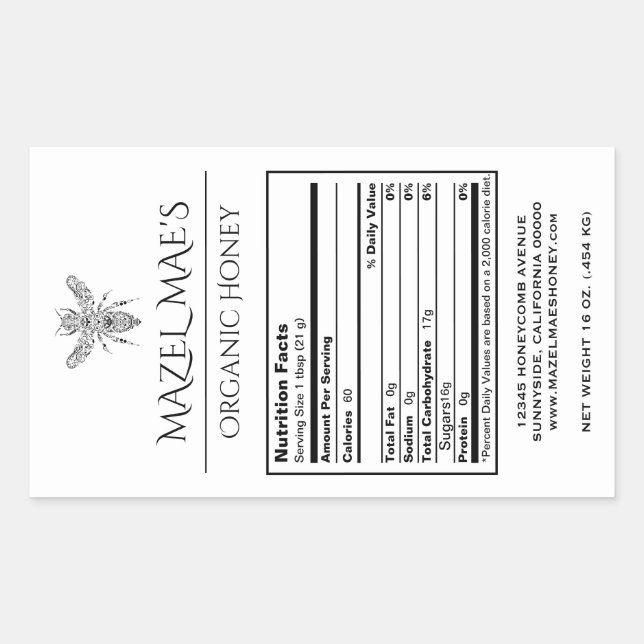 Custom Homemade Honey Nutrition Labels (Front)