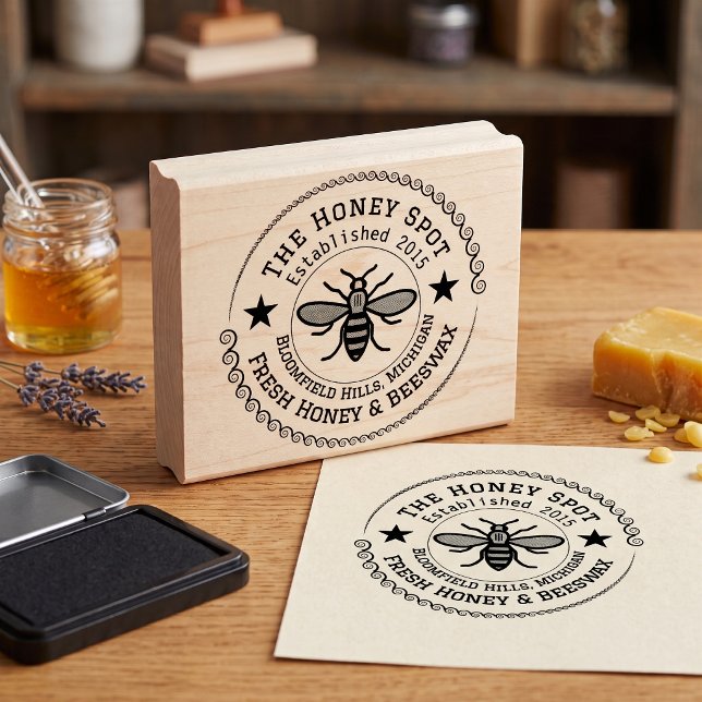 Custom Honeycomb Bee Packaging Rubber Stamp (Put your personal mark on every jar.)
