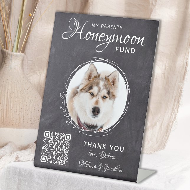 Custom Honeymoon Fund Custom Dog Photo Pet Wedding Pedestal Sign (Creator Uploaded)