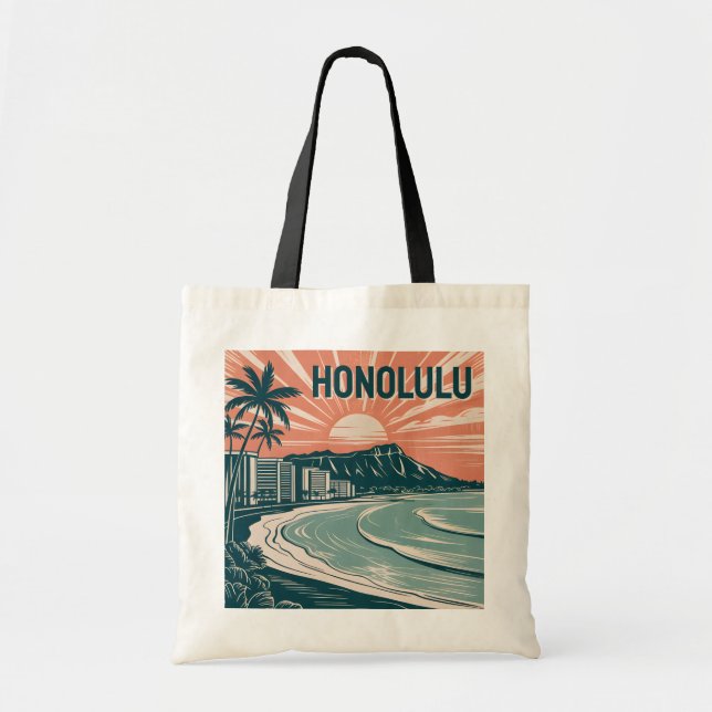Custom Honolulu Waikiki Diamond Head Retro Travel Tote Bag (Front)