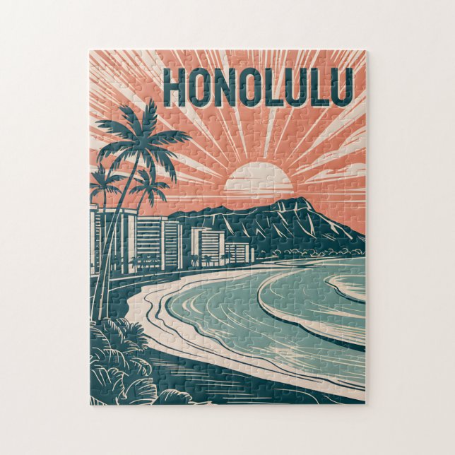Custom Honolulu Waikiki Travel Landmark Retro Bold Jigsaw Puzzle (Vertical)