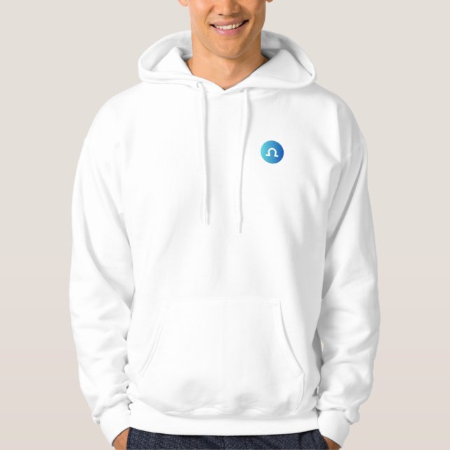 "Custom Hoodie - Minimalist Omega Design in Blue" (Front)
