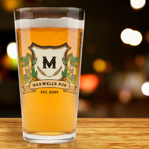Custom Hops Barley Crest Your Pub Monogram Glass