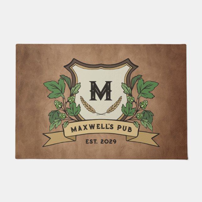 Custom Hops Barley Monogram Weathered Your Pub  Doormat (Front)