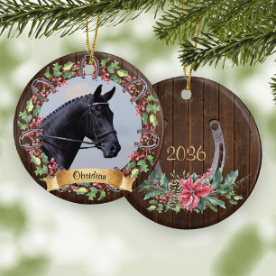 Custom Horse Photo Rustic Wood Christmas Ceramic Tree Decoration
